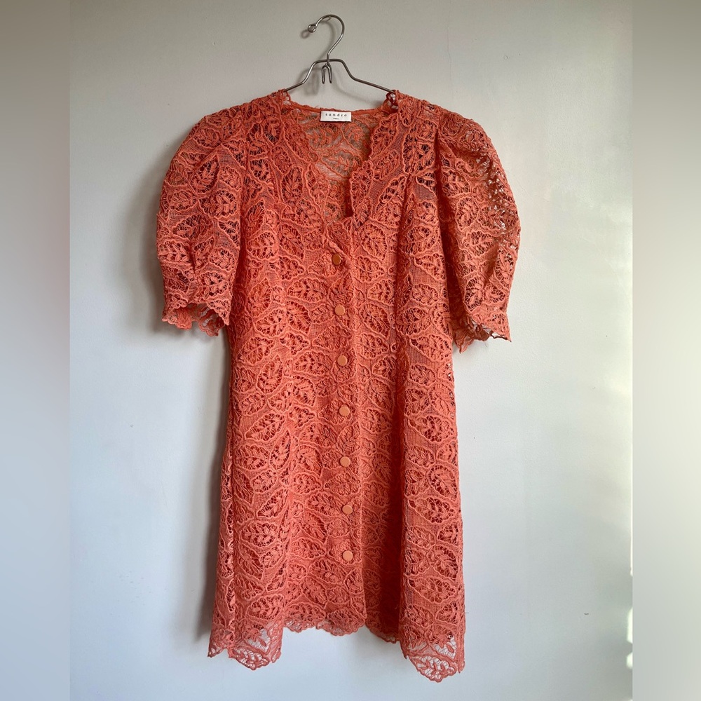 Sandro Lace Summer-Cocktail Coral Puff Sleeves Dress (French brand) - Picture 7 of 10